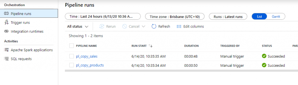 Azure Synapse Analytics Monitor Hub Pipeline runs