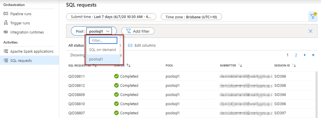 Azure Monitor Hub SQL Requests