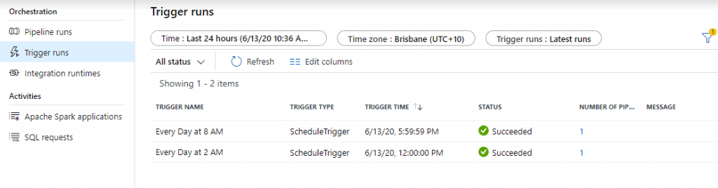 Azure Monitor Hub Trigger Runs