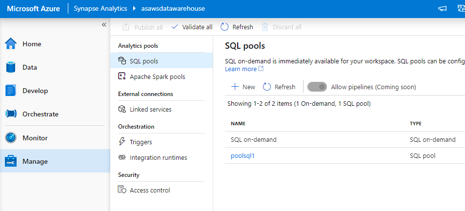 Azure Synapse Analytics Manage Hub