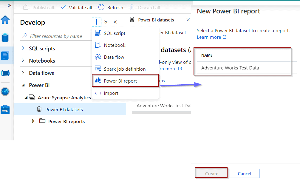 Select Power BI data set to create report