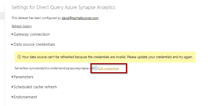 Edit credentials on Azure Synapse Analytics