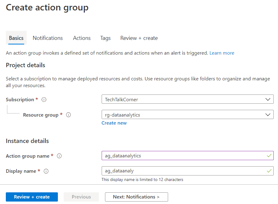 Define basic information for the action group