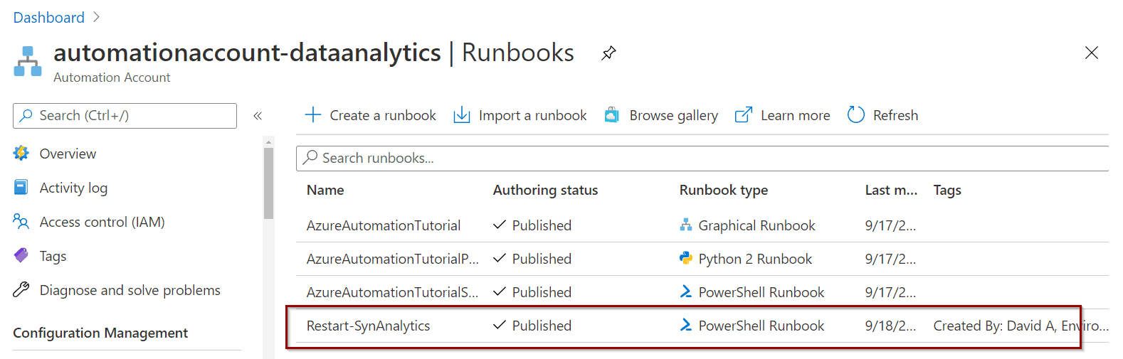 Azure Automation Account and Runbooks to Restart Synapse Analytics