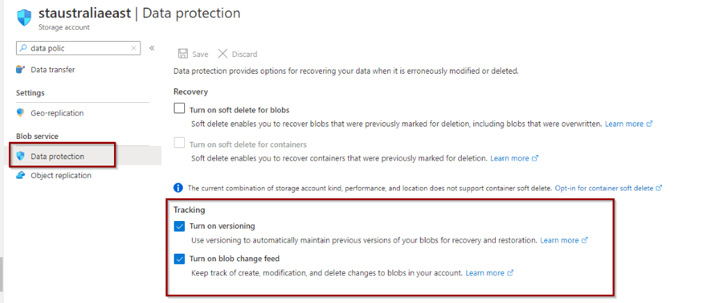 Manually enable change feed and versioning