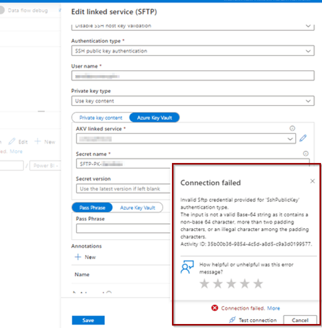 Error message in Azure Portal web browser