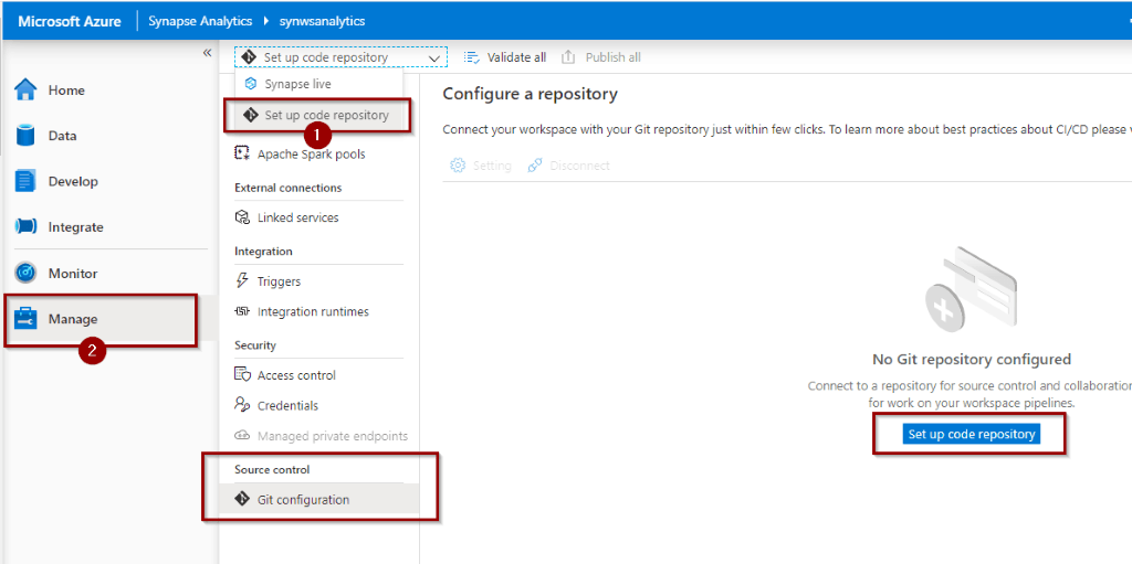 Enable code source control in Azure Synapse Analytics