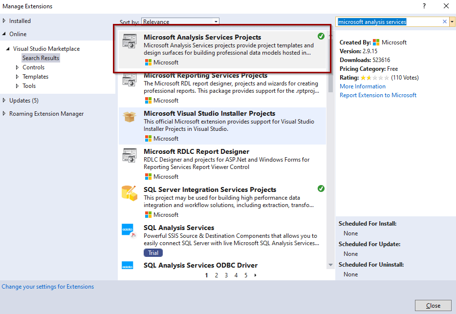 Install Microsoft Analysis Services Projects extension