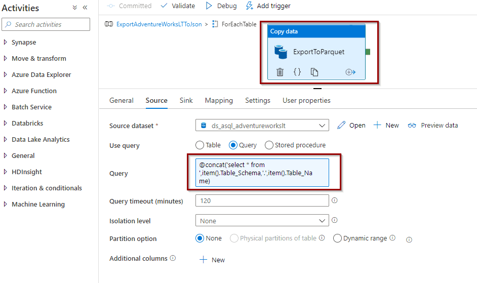 Define the query in a copy activity