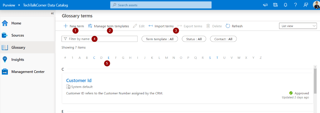 Glossary section in Azure Purview