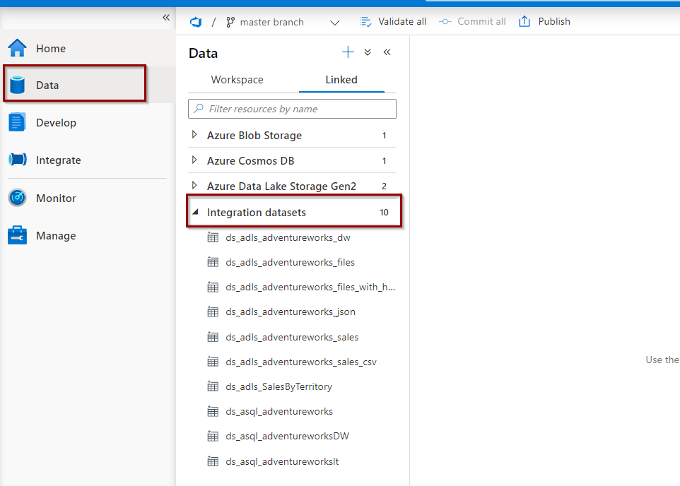 Datasets under the Data Hub in Azure Synapse Analytics