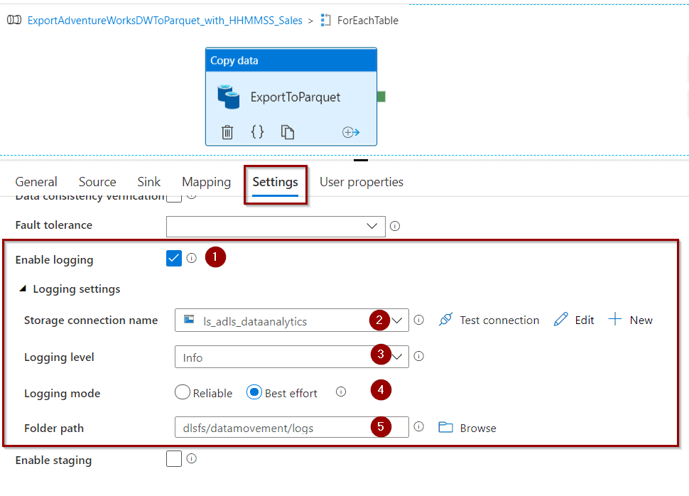 Enable Azure Data factory copy activity logs