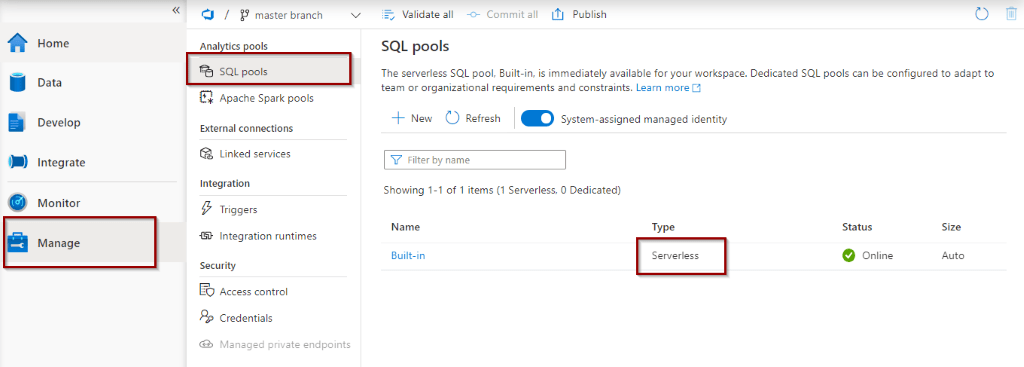 SQL Pools in the manage Hub