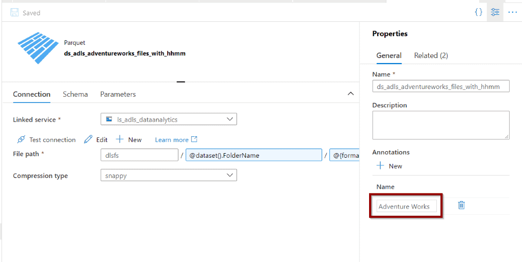 Dataset example using Azure Data Factory annotations