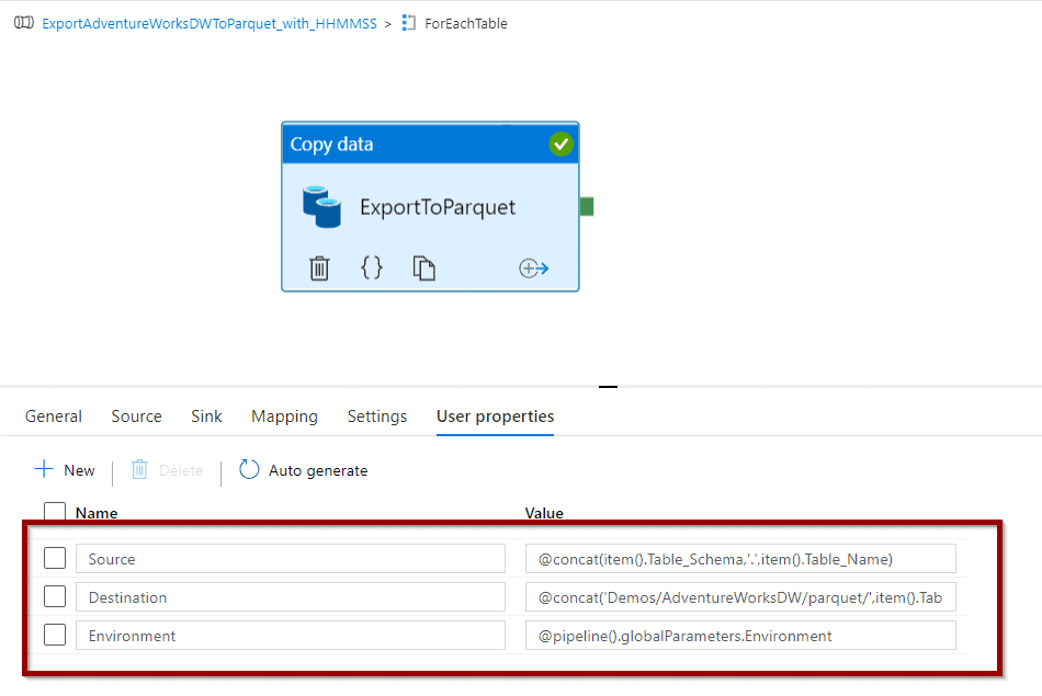 Copy activity example with dynamic values