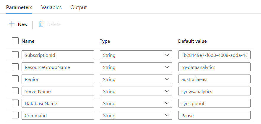 These parameters help you create the API request to pause or resume your Azure Synapse dedicated SQL Pool. 