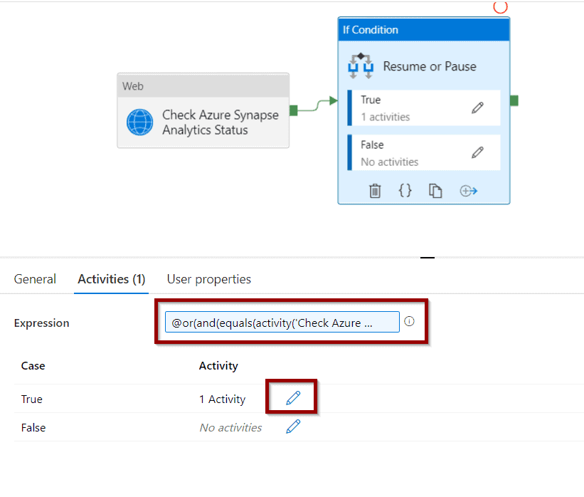 For the If Condition activity expression, copy the following command