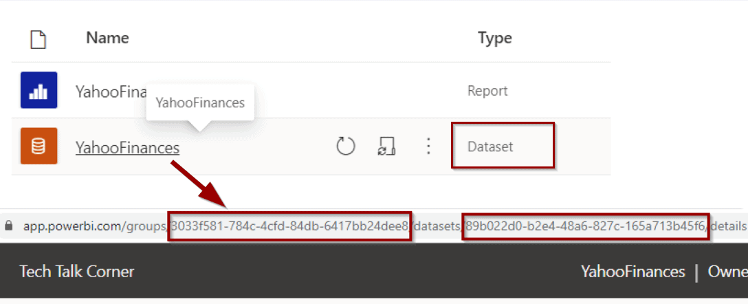  get the Workspace and Dataset IDs from Power BI Service