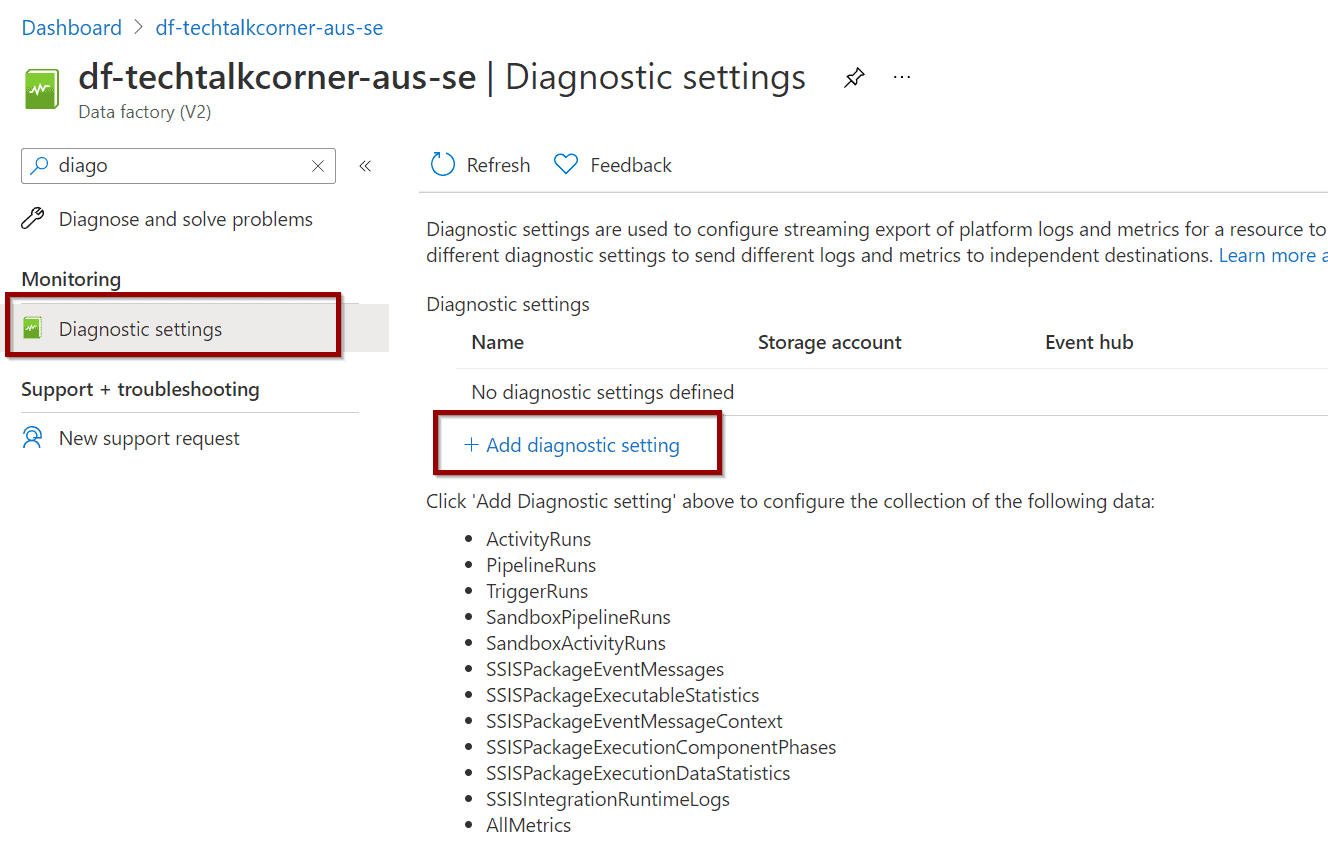 find the diagnostic settings in your Azure Data Factory