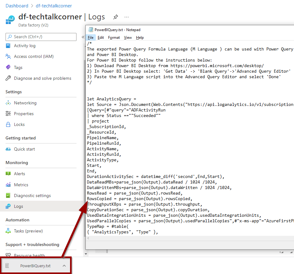 A file with the Power BI Query Code will download