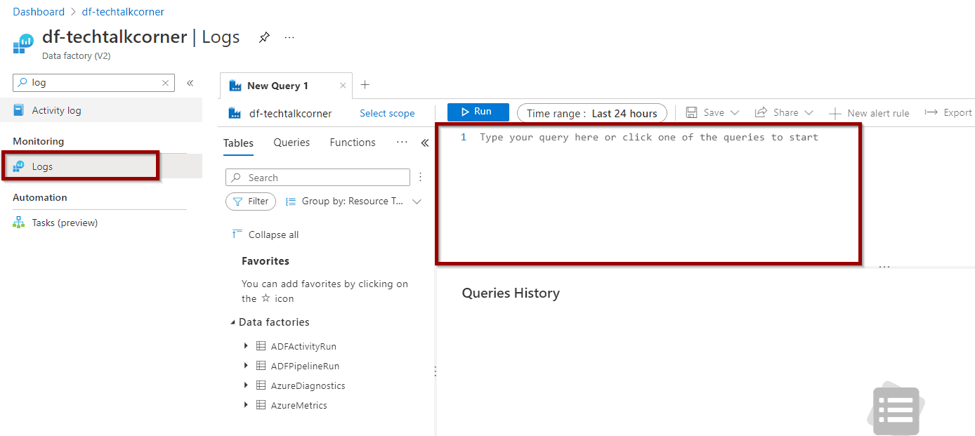 find the Logs option in Azure Data Factory 