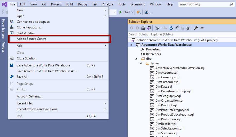 In your Visual Studio solution, click “Add to Source Control”