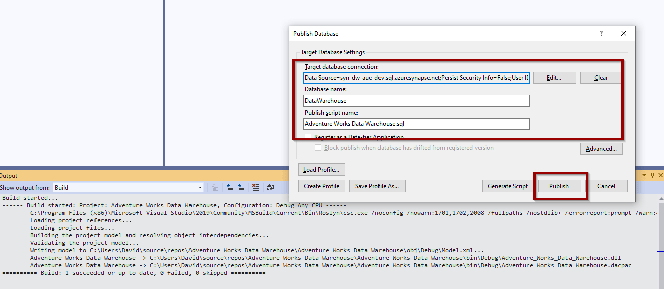 Configure the target connection string for your Azure SQL Database or Synapse SQL Pool and click Publish. 