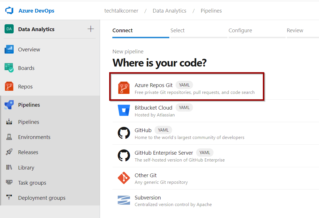 Select the Azure Repos Git option. 