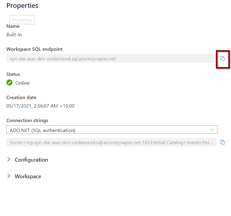 Copy the connections string as described below. 