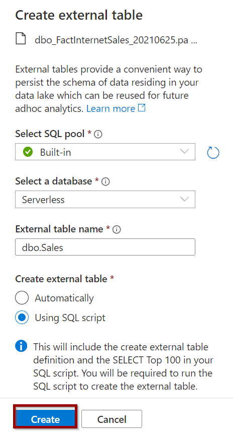 creating an external table by selecting “Using SQL Script”. 