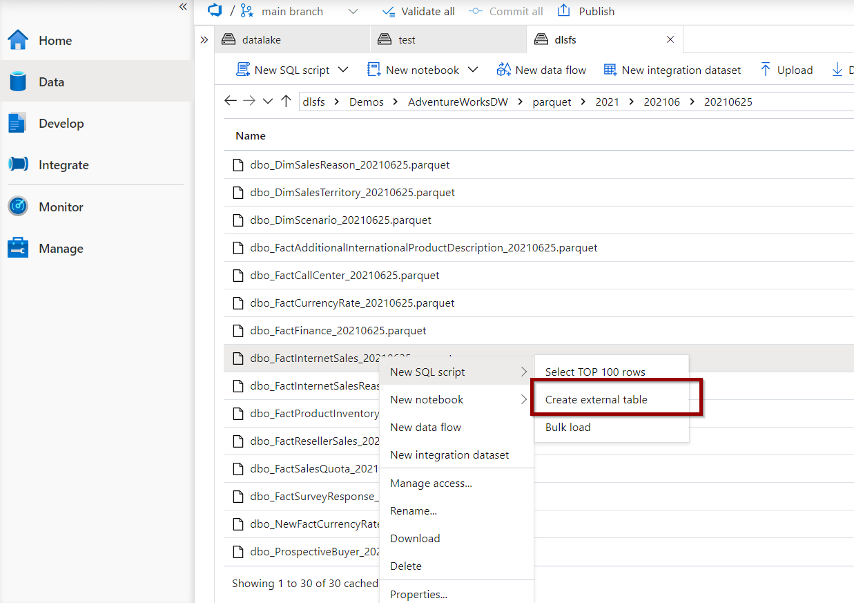 right-click on a file and select the option to create an external table