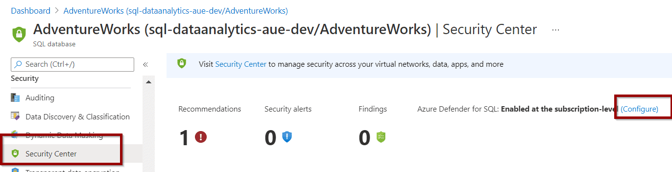 In Azure SQL Databases, navigate to the Security Center section. 