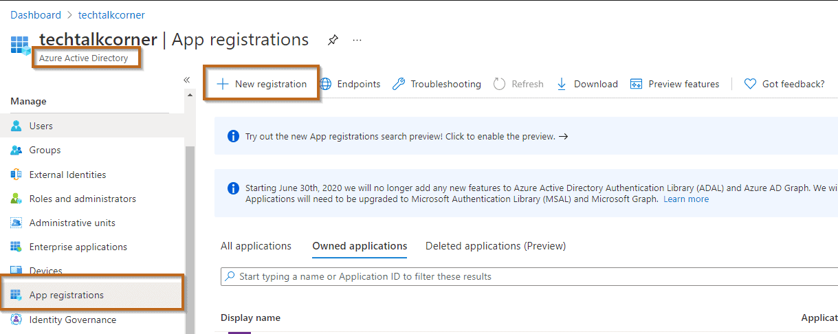First, go to App registrations (in Azure Active Directory) and select the option to register a new app. 
