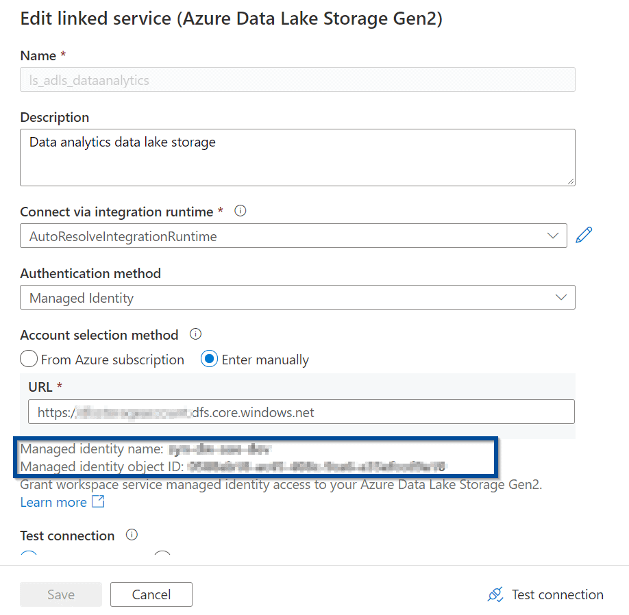 In the case of Azure Data Lake, configure the linked service as follows: 