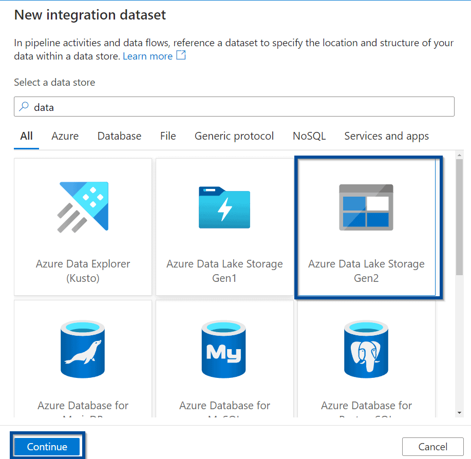 Select the Azure Data Lake dataset type. 