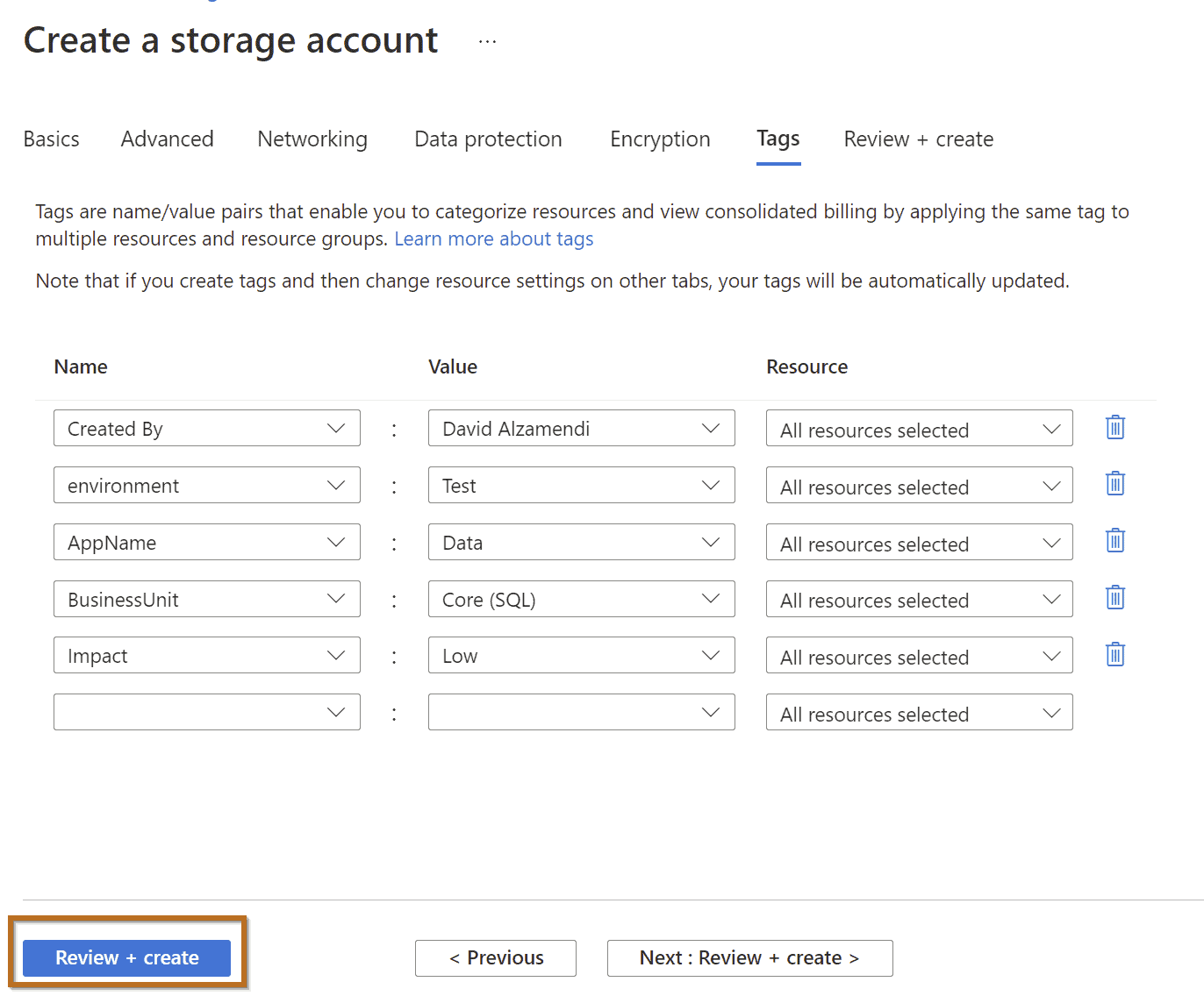 Tags in Storage account