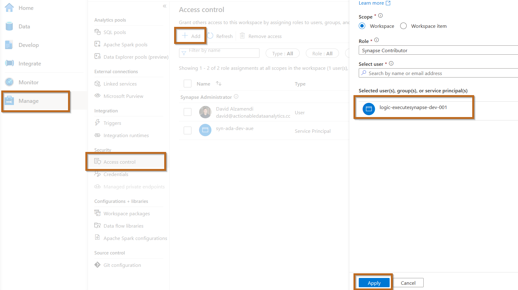 Give Azure Logic Apps access to Synapse