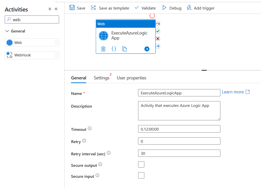 Add a Web Activity to Execute Azure Logic Apps
